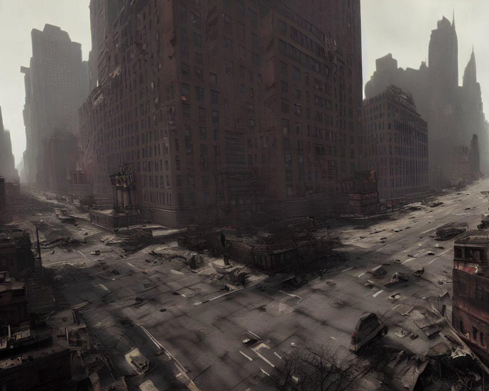 Desolate cityscape with abandoned cars and derelict buildings