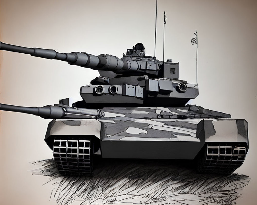 Modern Main Battle Tank with Camouflage Pattern and Crossed Cannon Barrels