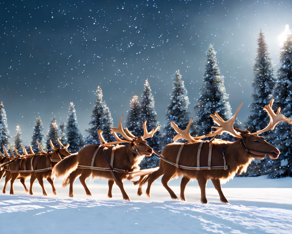 Glowing antler reindeer in snowy night landscape