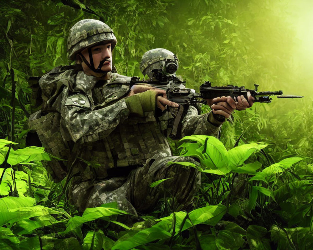 Camouflaged soldier with rifle crouching in dense foliage