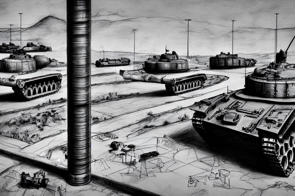 Detailed pencil sketch of advancing military tanks and gun barrel in desolate landscape