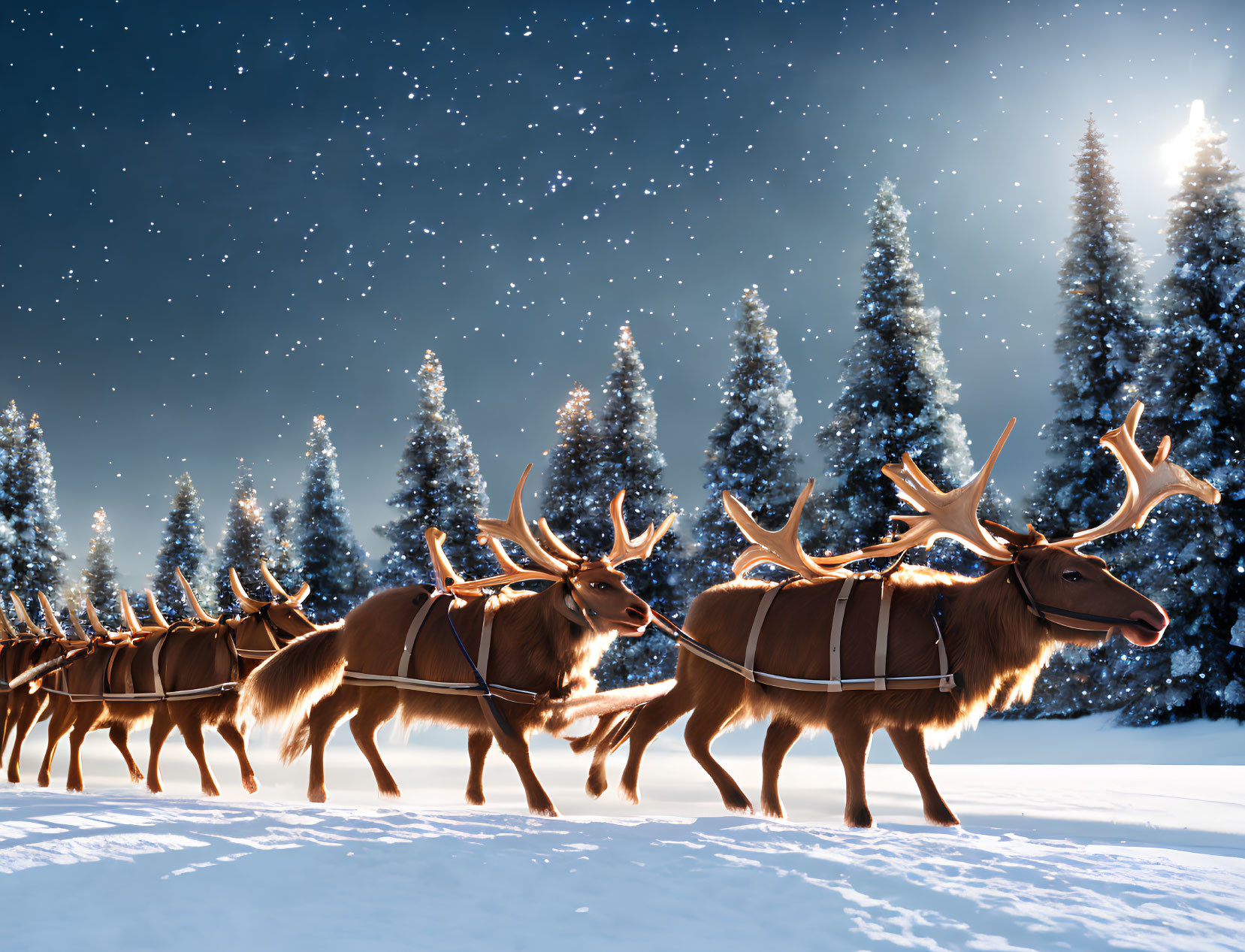 Glowing antler reindeer in snowy night landscape