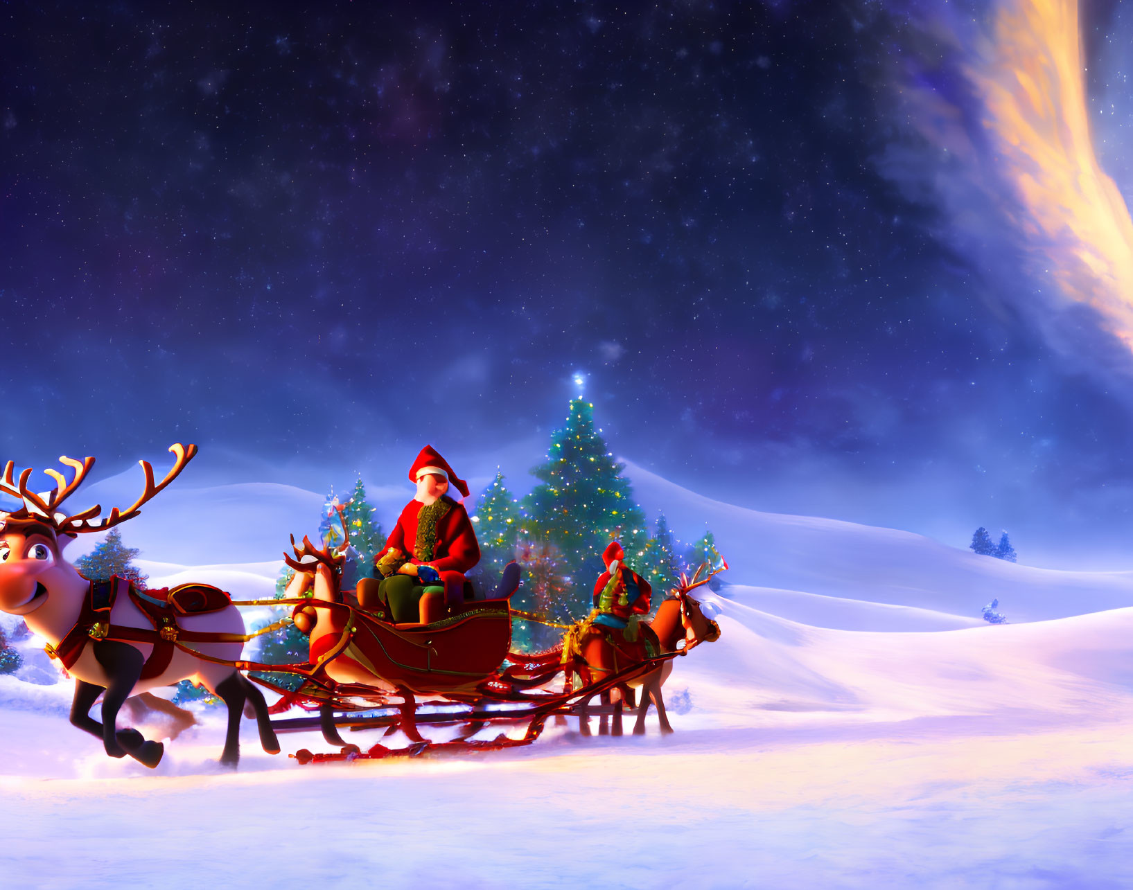 Santa Claus Sleigh Reindeer Christmas Scene Snowy Night Sky