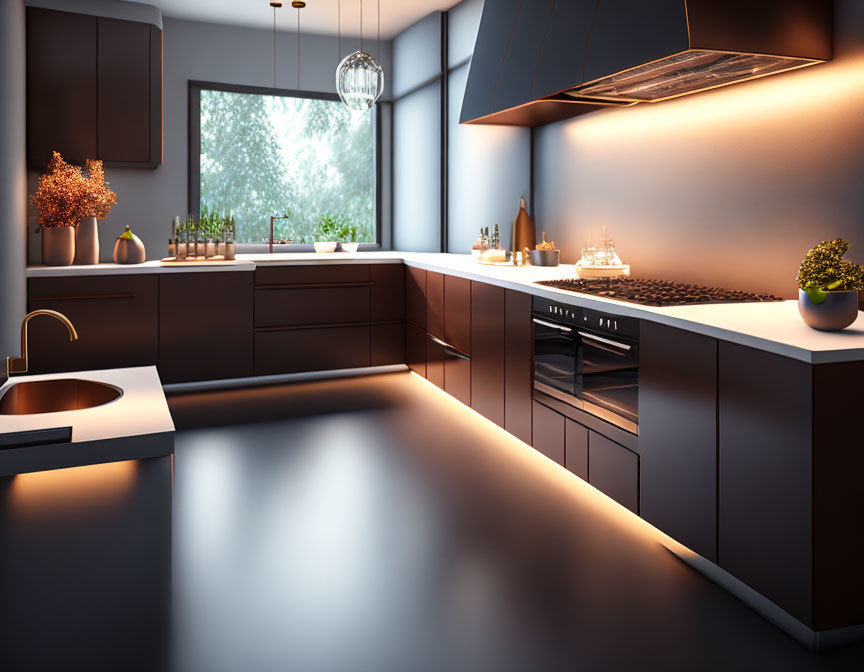 Dark Cabinets, White Countertops, Built-in Appliances: Modern Kitchen Interior Design