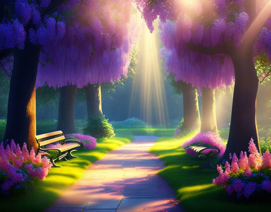 Tranquil Park Pathway with Purple Foliage and Sunlit Canopy