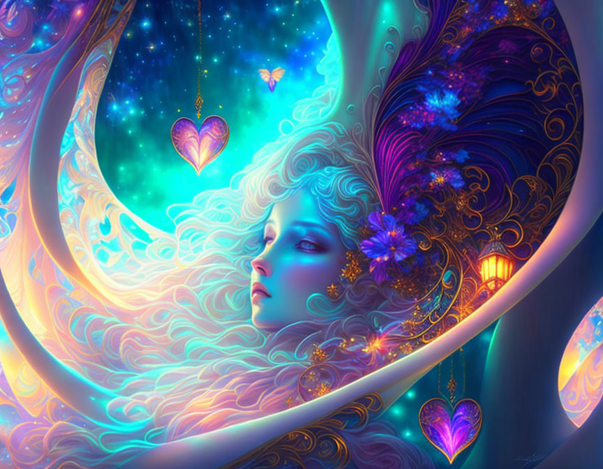 Fantastical artwork: Woman with blue hair, heart ornaments, feathers in vivid colors