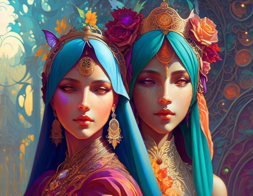 Ethereal women with ornate headdresses and jewelry in a colorful, mystical illustration