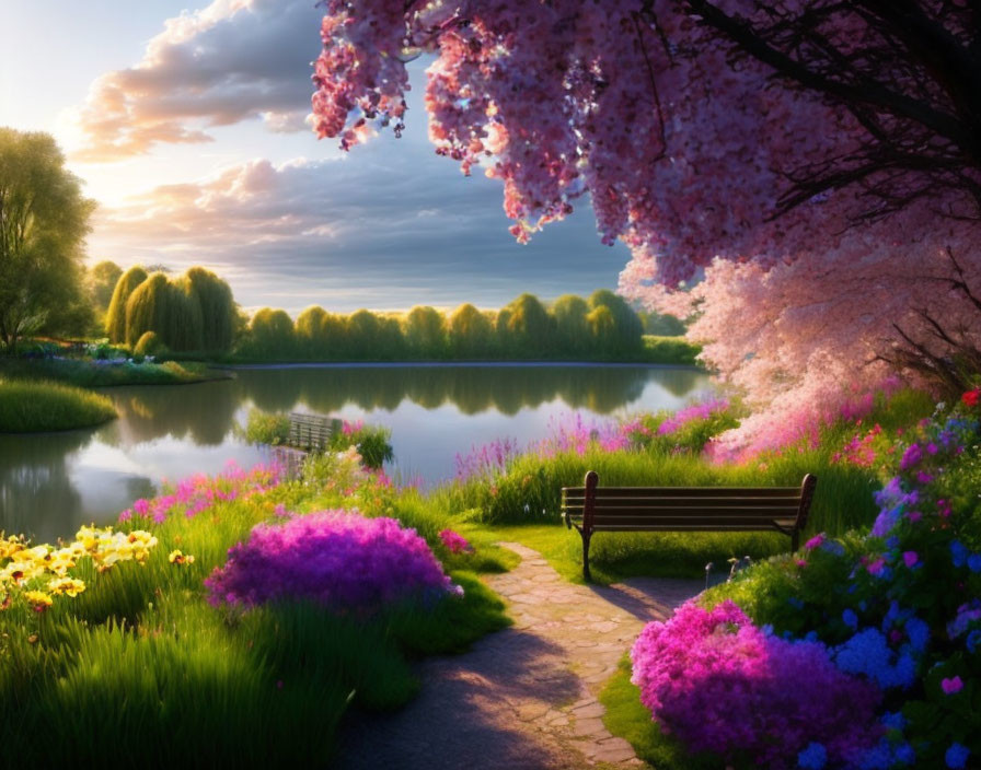 Tranquil lakeside garden at sunset with blooming flowers and cherry trees