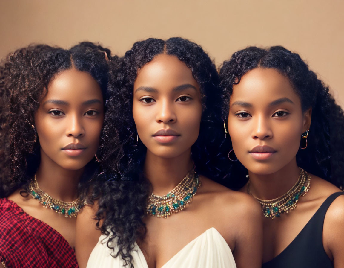 Three women with curly hair and elegant necklaces in white and red tops on beige background