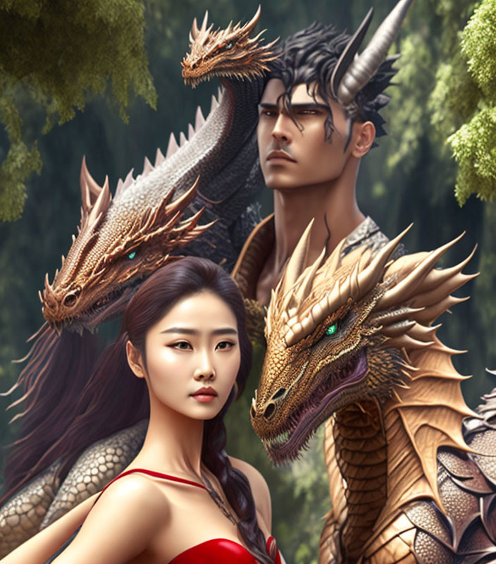 Digital illustration of man, woman, and majestic dragons in mystical forest