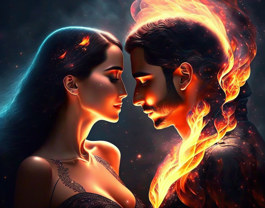 Digital Artwork: Man and Woman with Fire and Ice Elements