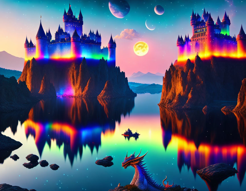 Fantastical landscape with illuminated castles, dragon, and twilight sky.