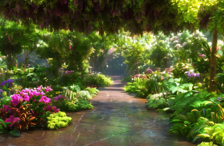 Tranquil garden path with vibrant flowers and greenery in soft light