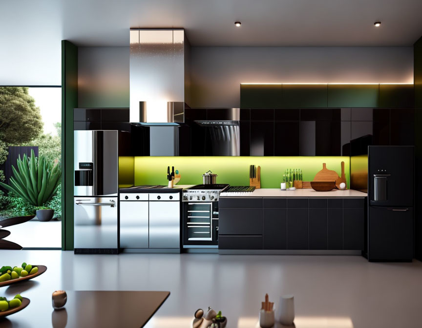 Contemporary Kitchen with Black Cabinets & Stainless Steel Appliances