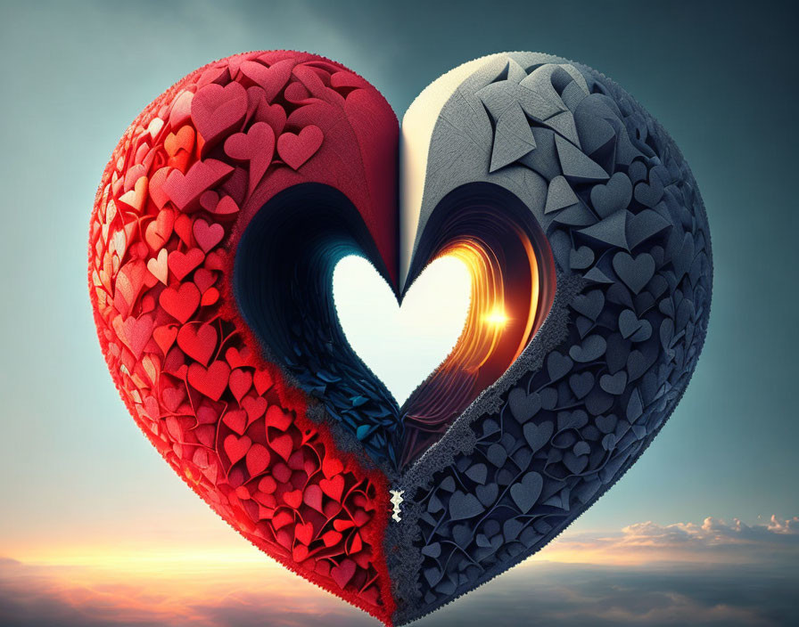 3D heart split in red and gray with smaller hearts, forming a tunnel on sky background