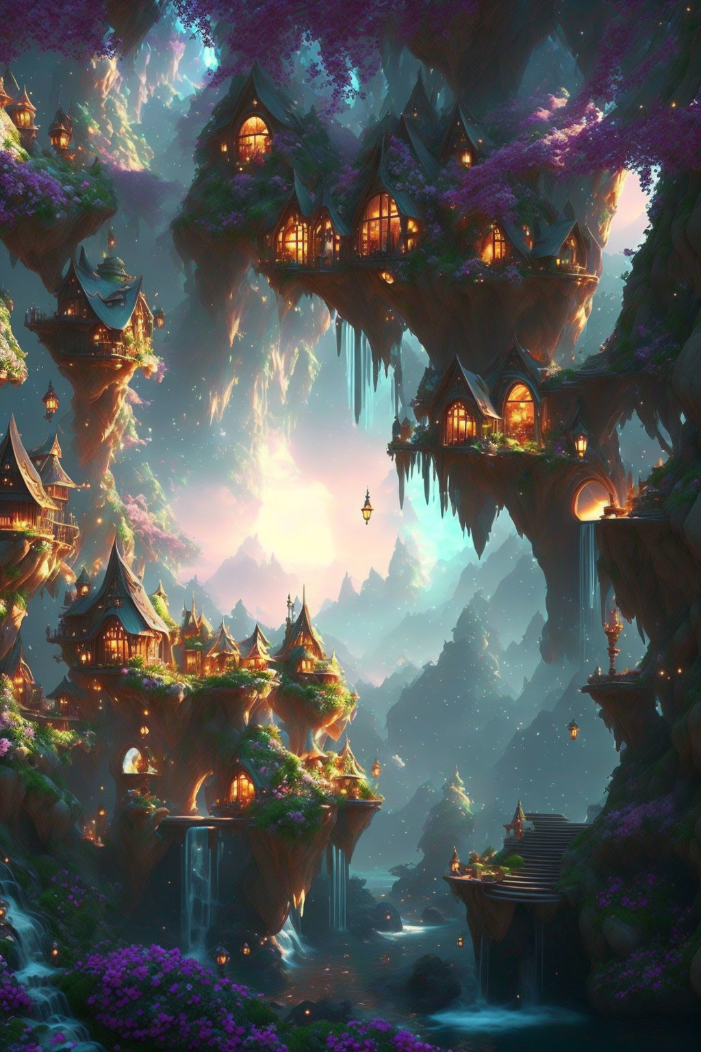 Glowing houses on rocky cliffs in fantasy landscape