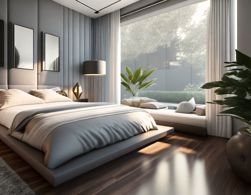 Minimalist Modern Bedroom Interior with Low Bed, Large Window, and Seating Area