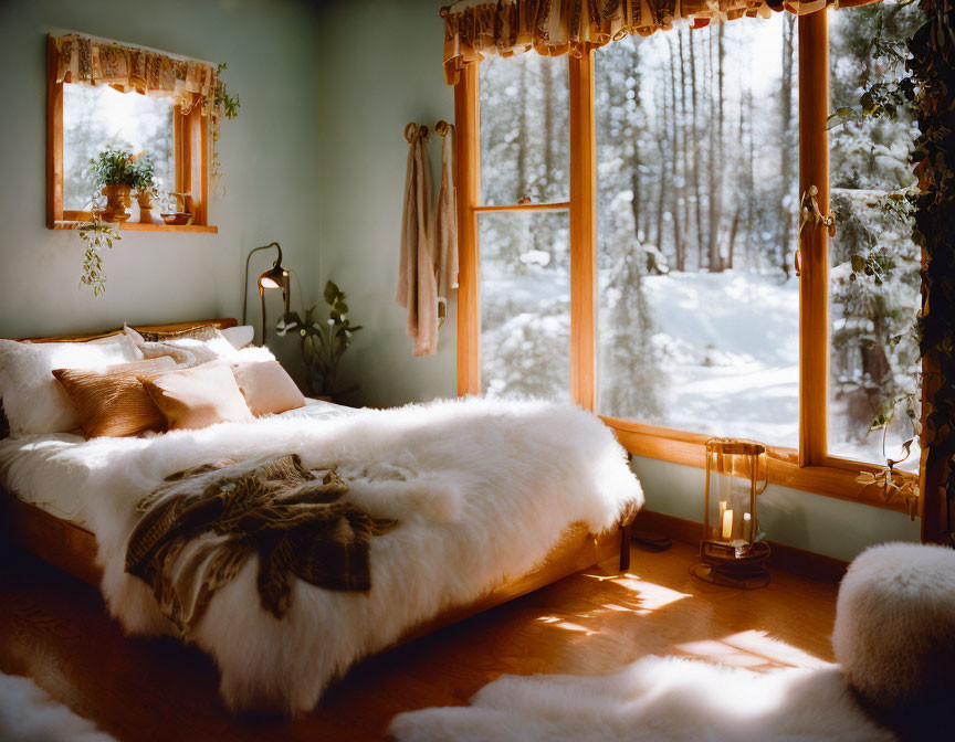 Inviting bedroom with fur-covered bed, warm lighting, and snowy view.