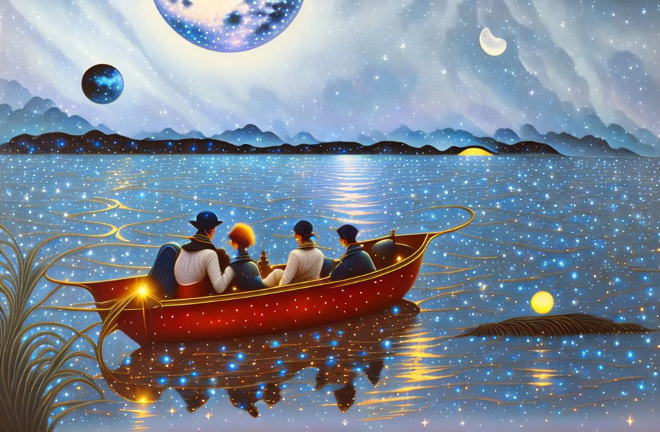 Illustration: Four people in red boat under starry night sky