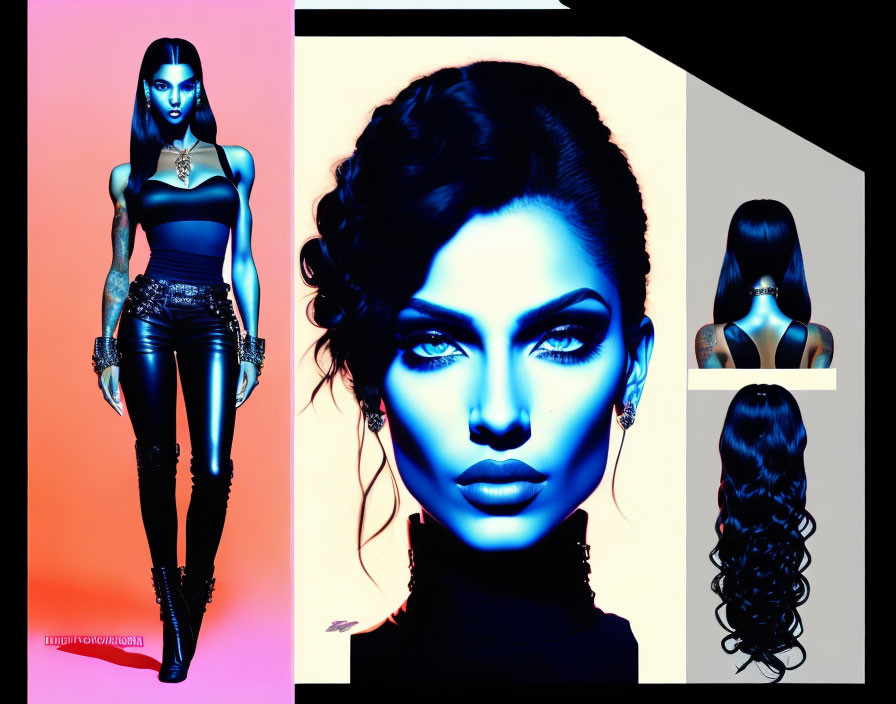 Digital artwork: Woman in black outfit with blue makeup in dynamic poses under colorful lighting