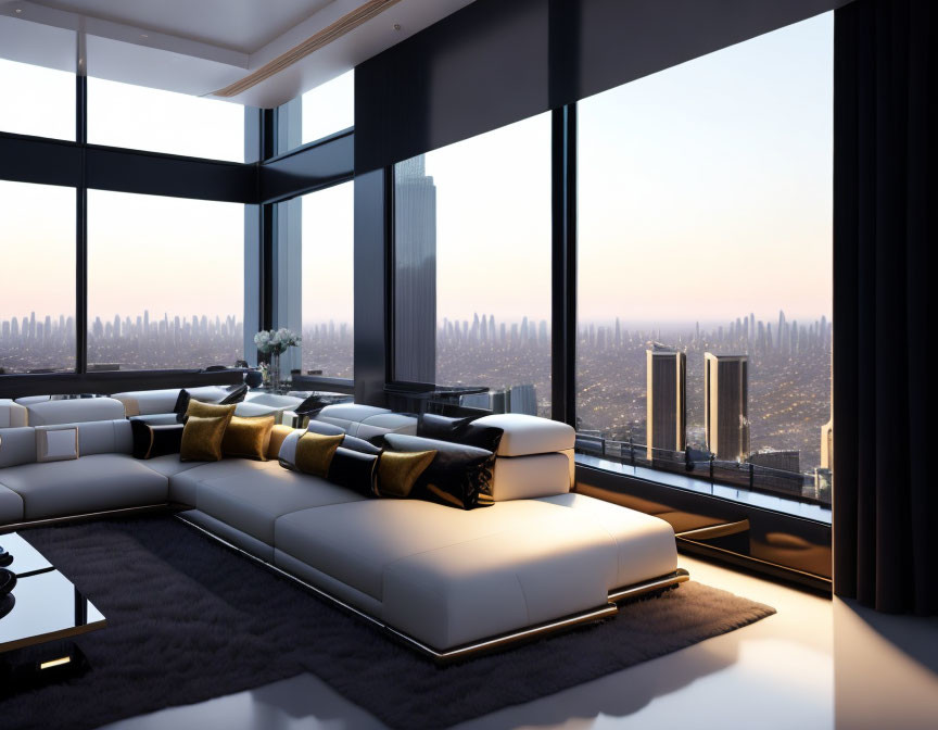 Modern white sofas with golden pillows in a luxurious living room overlooking cityscape at sunset