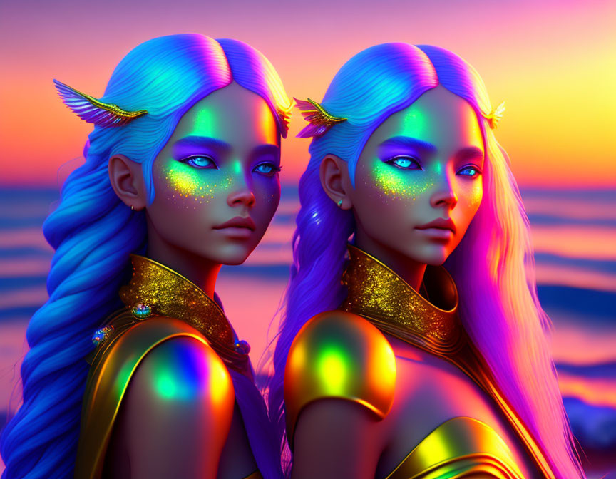 Twin fantasy characters with blue hair and golden armor in sunset scene