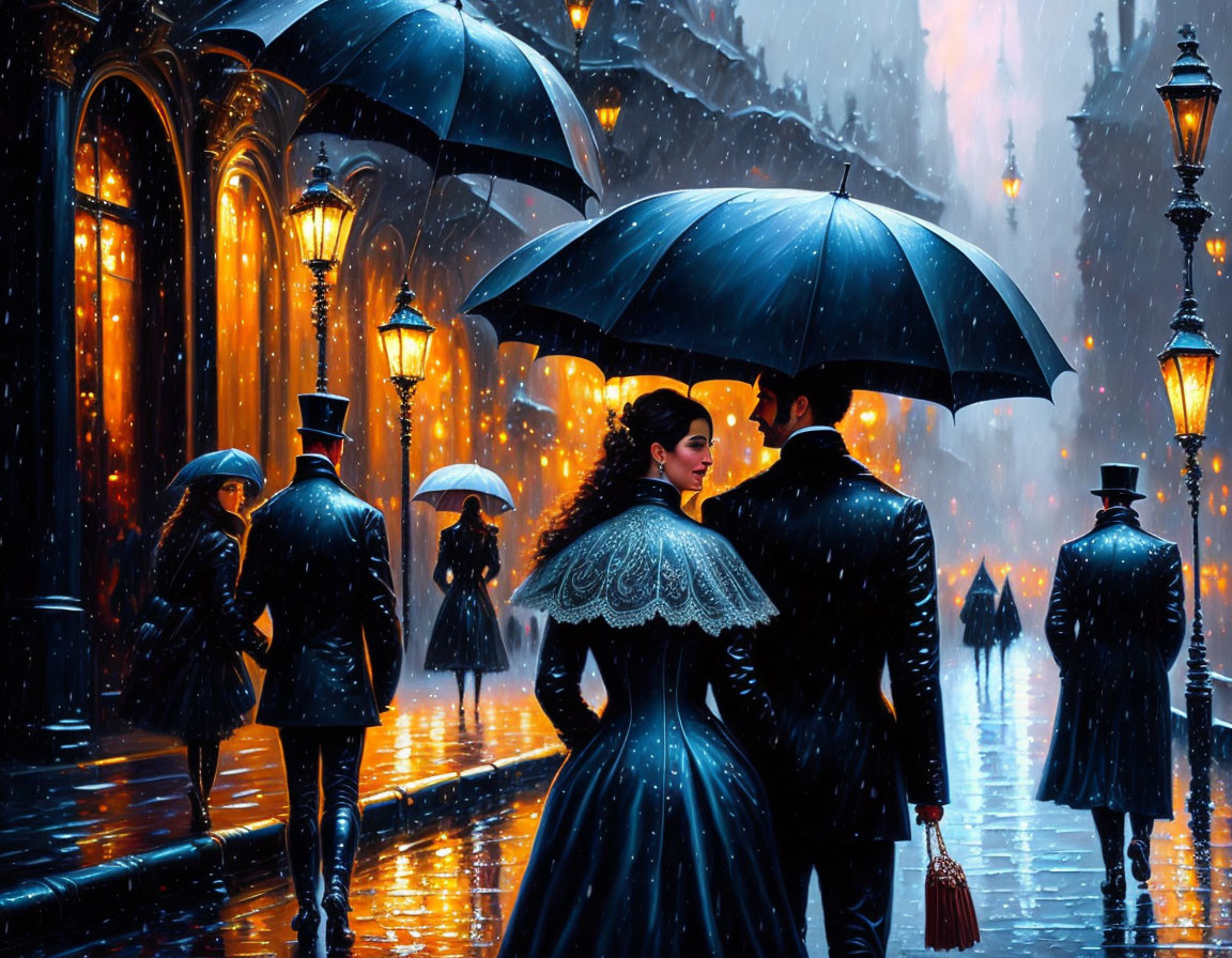 Couple under umbrella on rainy, glowing street