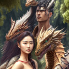 Fantasy characters with dragon features and dragons on mythical background