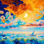 Colorful surreal sunset painting with full moon, wavy sea, clouds, and sailboats