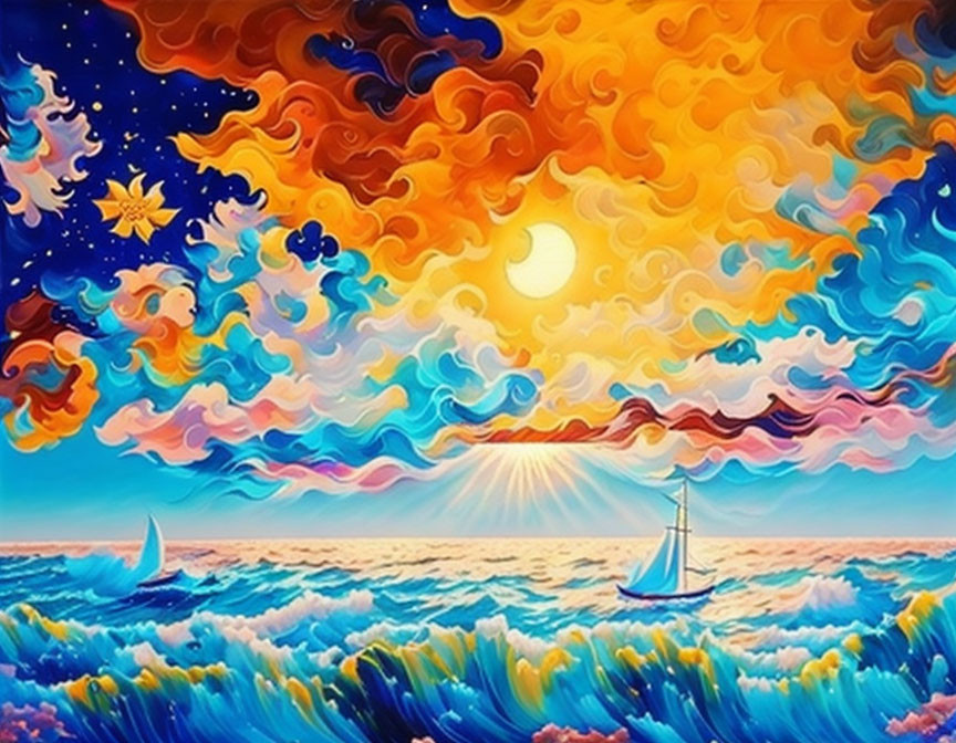 Colorful surreal sunset painting with full moon, wavy sea, clouds, and sailboats