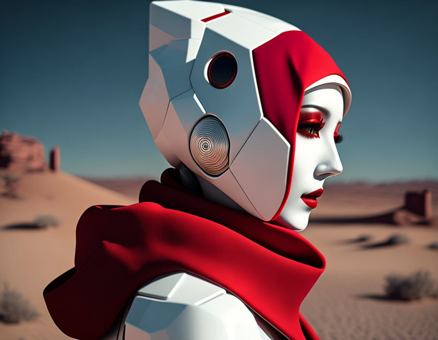 Futuristic robot with human-like face in desert landscape