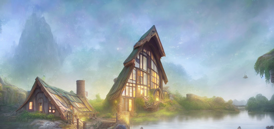 Fantasy landscape with half-timbered house, river, Northern Lights, lush greenery.