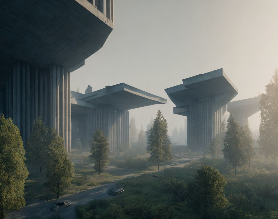 Massive concrete structures overlook misty forest landscape as car drives below.