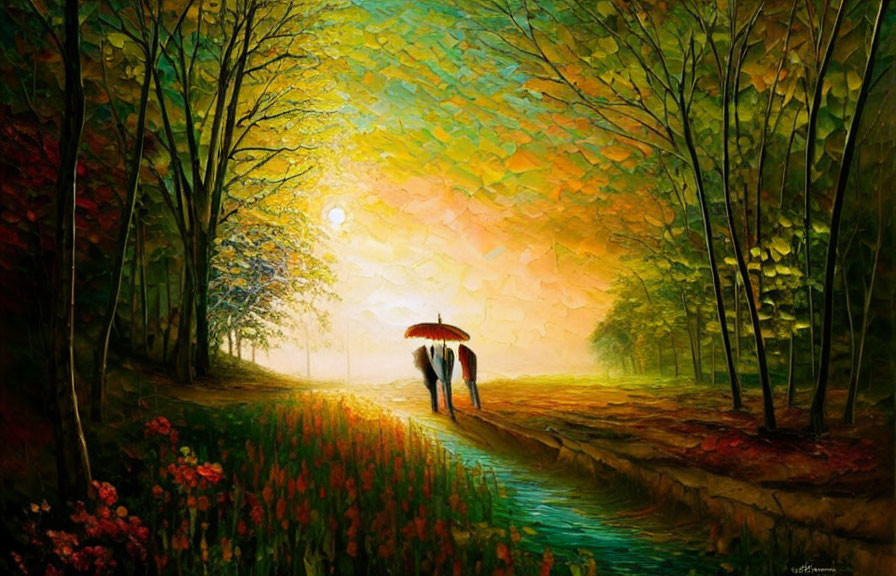 Autumn scene: Two people under umbrella on serene path with colorful trees.