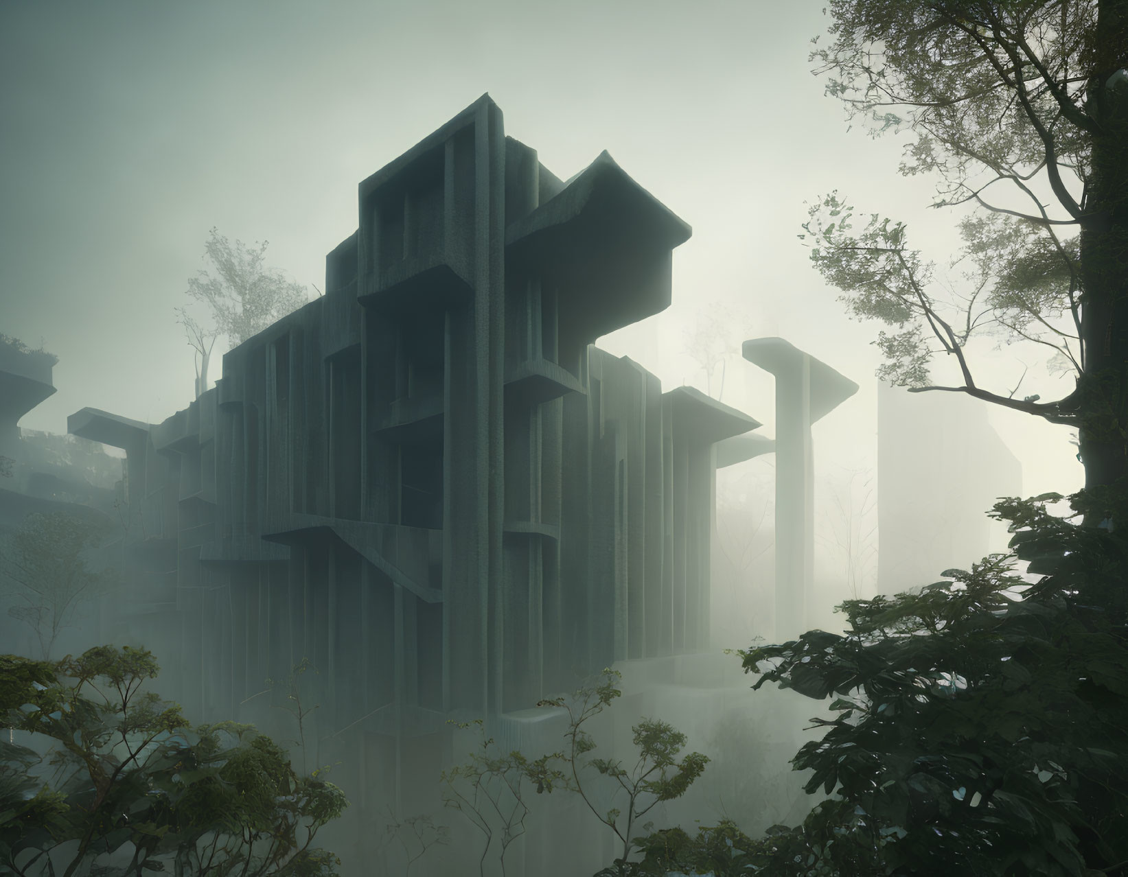 Large Brutalist-style Building in Fog Amid Lush Greenery