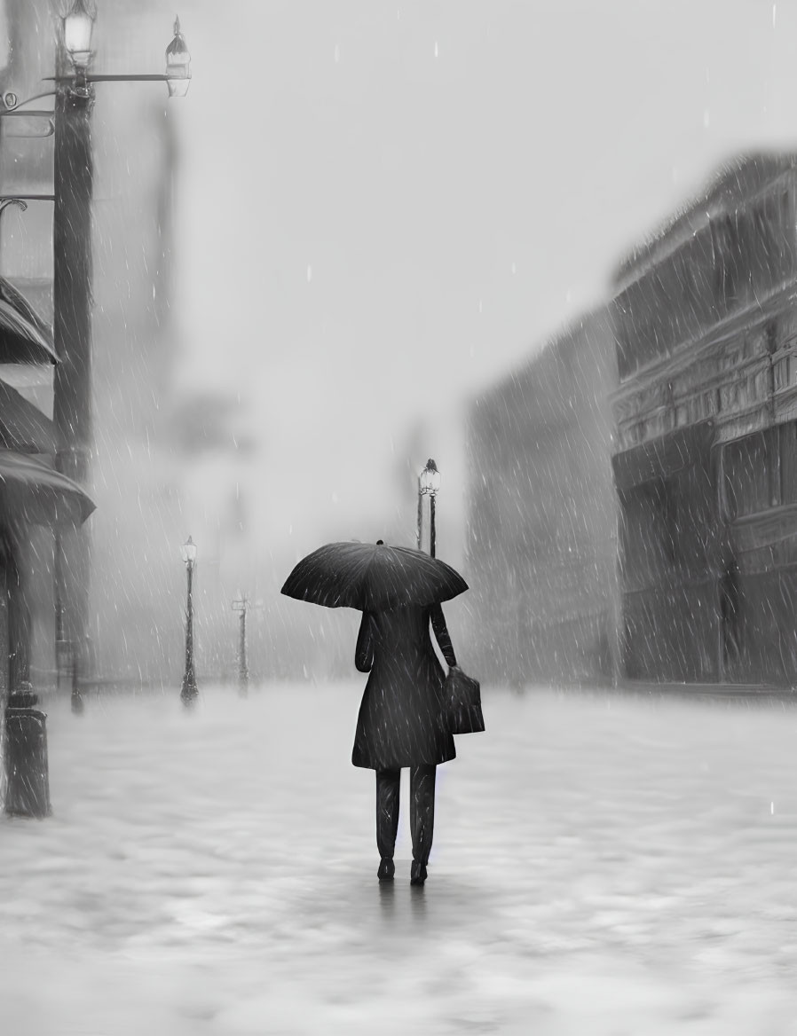 Person with umbrella walking in heavy downpour among buildings and lamp posts