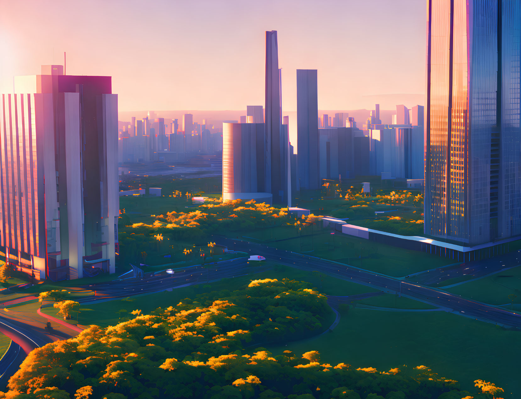 Futuristic cityscape at sunrise with parks and skyscrapers in golden light