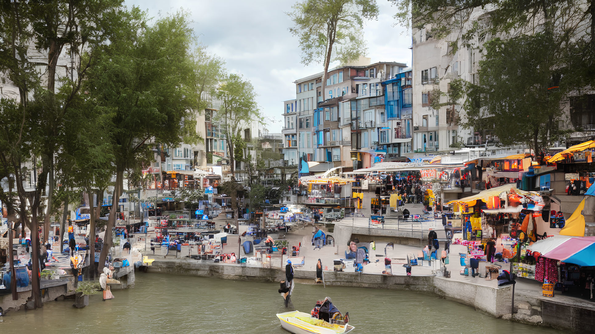 Outdoor Market Along River with Canopy Stalls and Urban Backdrop