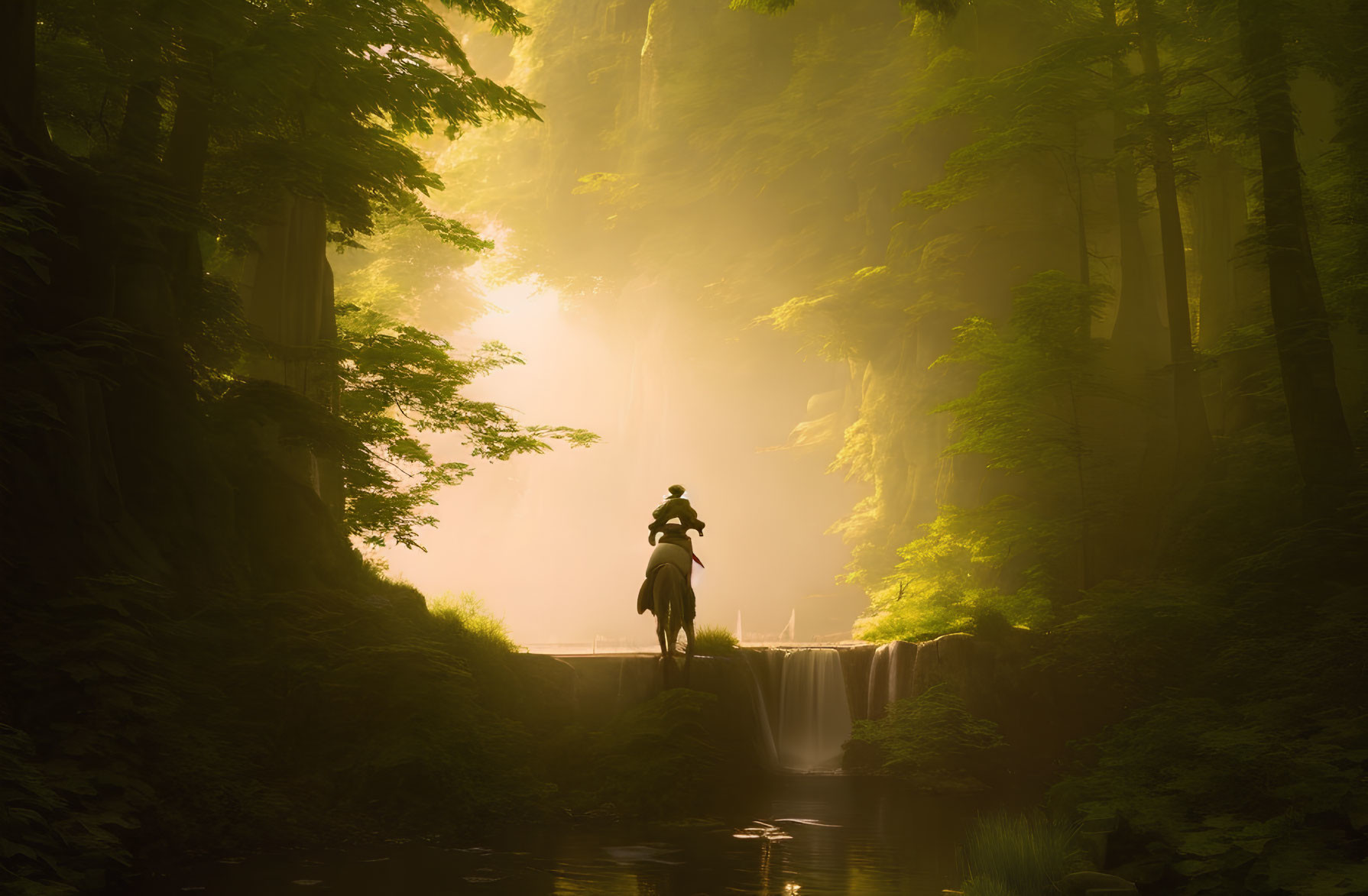 Tranquil forest scene with horse and rider silhouette near sunlit waterfall