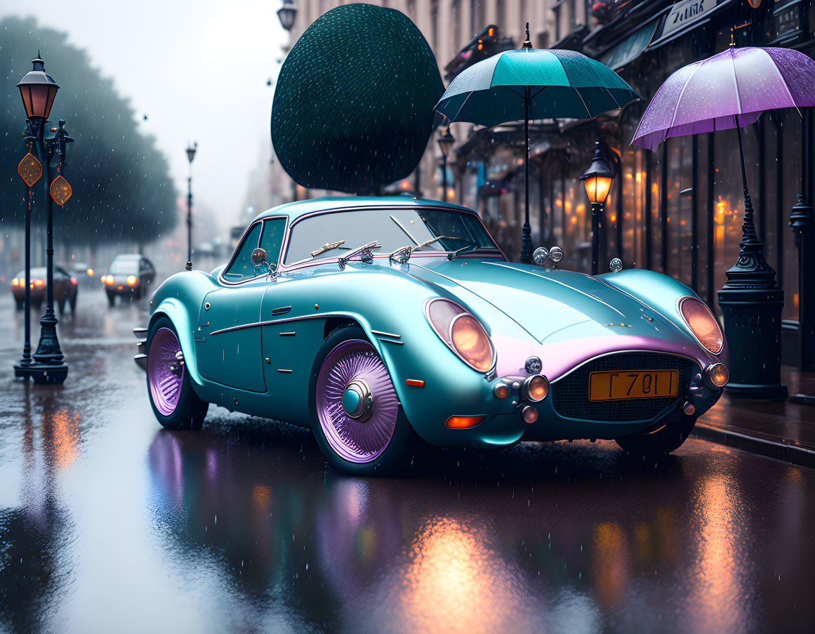 Vintage Turquoise Car Reflecting in Rainy Street Scene