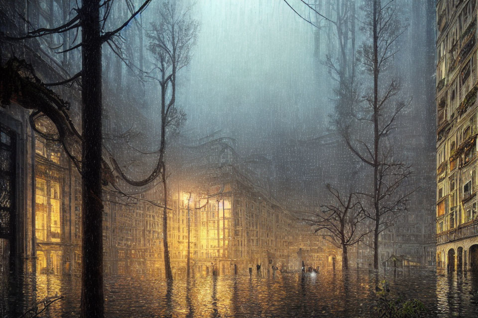 Rainy Flooded Cityscape with Bare Trees and Submerged Buildings