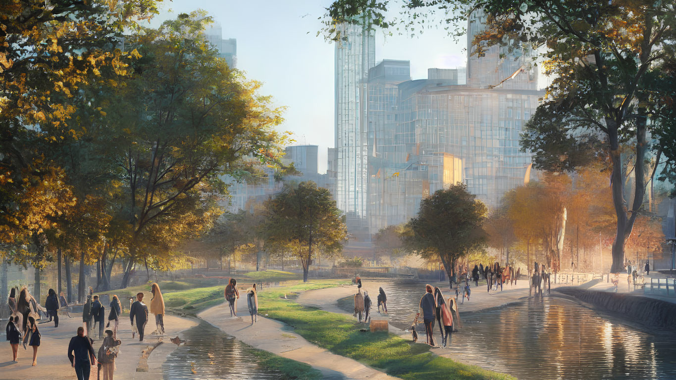 Urban park scene with people, waterway, autumn trees, and modern buildings