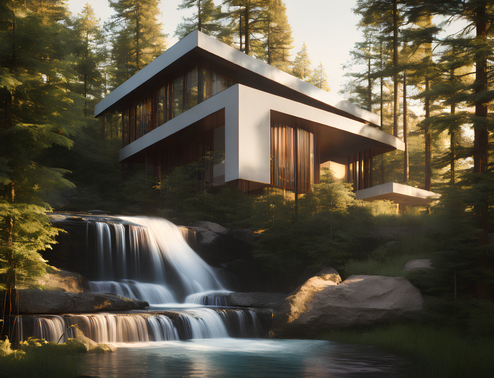 Modern architectural house with large glass windows overlooking waterfall in forest sunset.