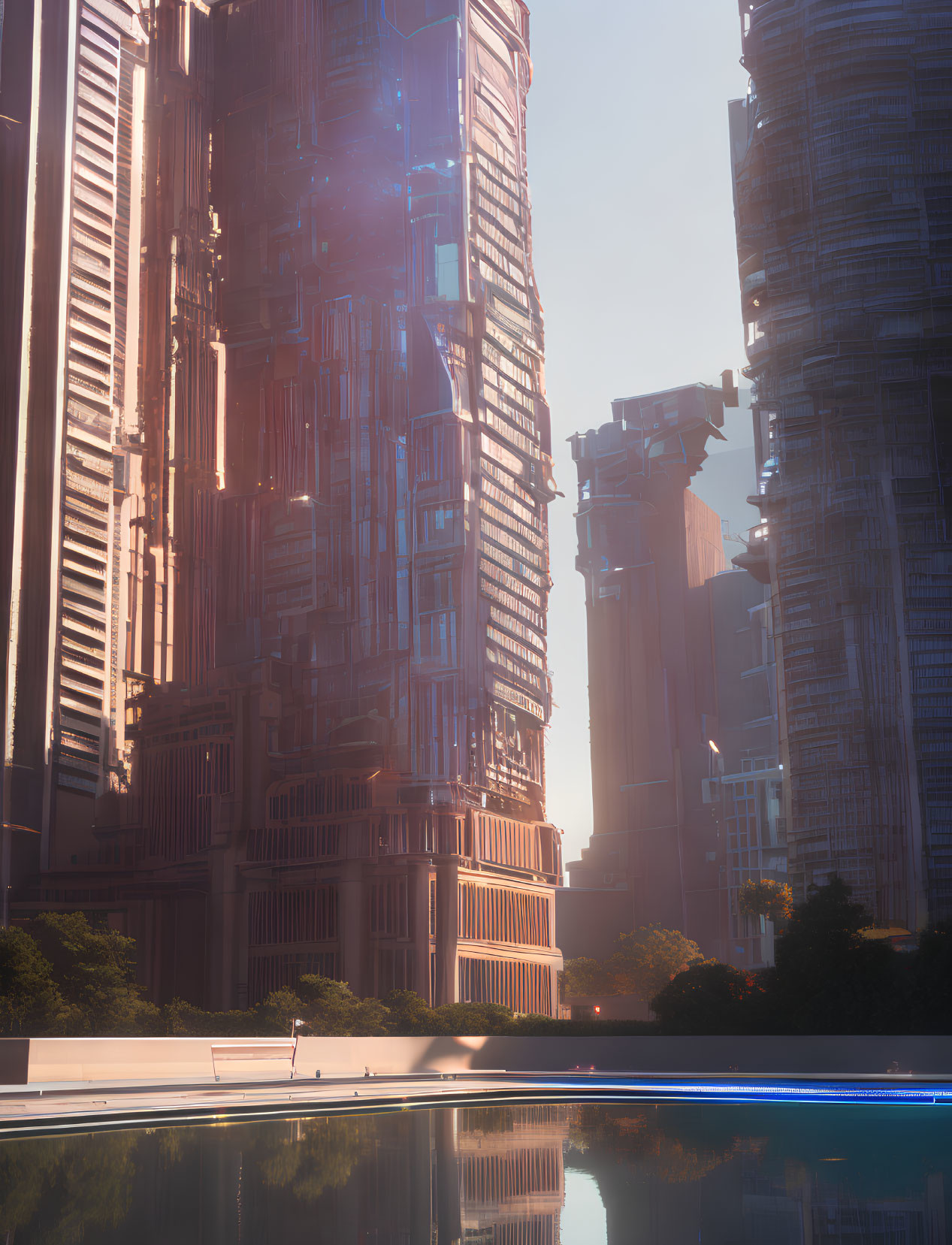 Futuristic cityscape with towering skyscrapers at sunrise