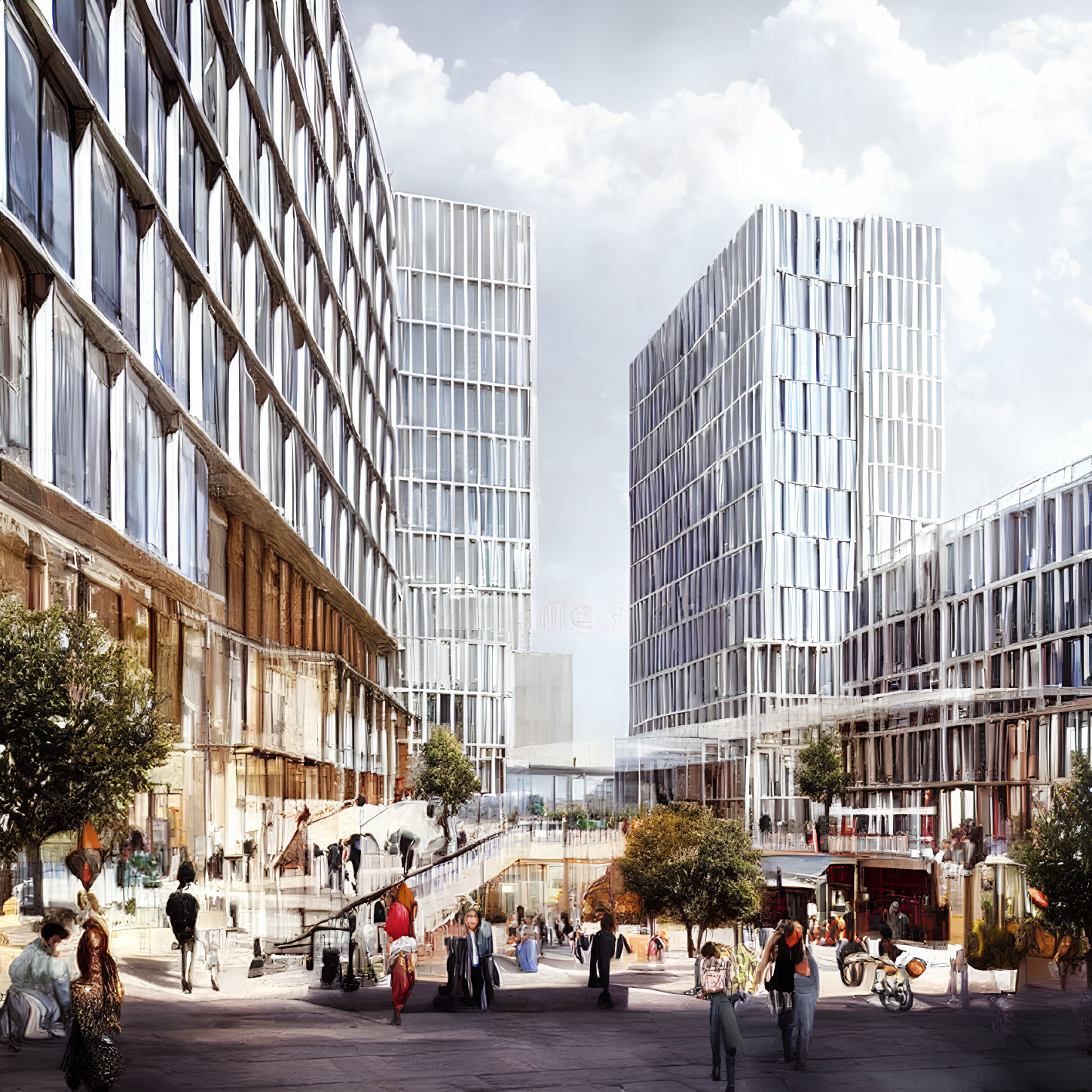 Urban plaza with glass buildings, staircases, and people under cloudy sky