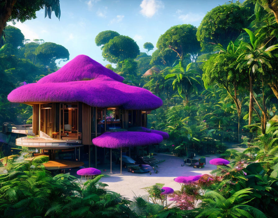 Whimsical house with vibrant purple mushroom-shaped roofs in lush green jungle