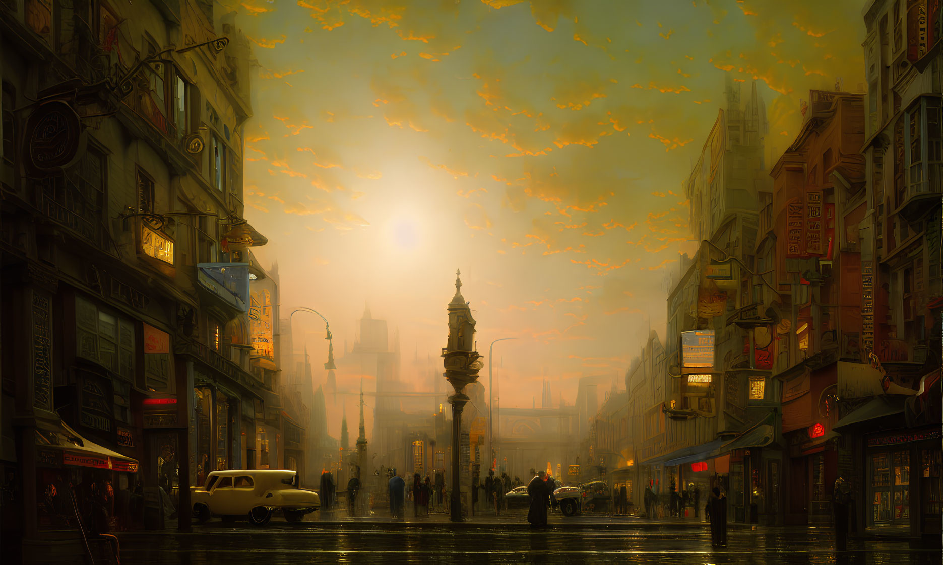 Nostalgic city street at sunset with silhouetted figures, vintage cars, and vivid