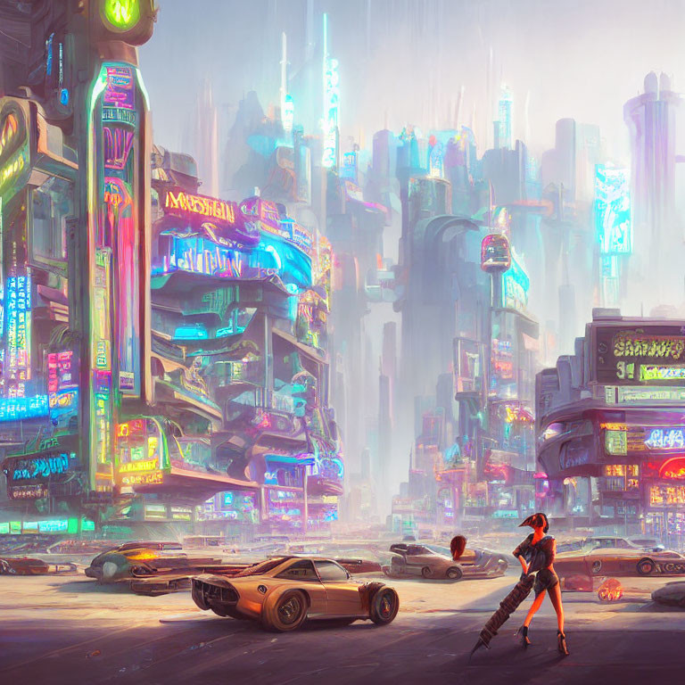 Futuristic cyberpunk cityscape with neon signs, sleek car, and high-tech person walking