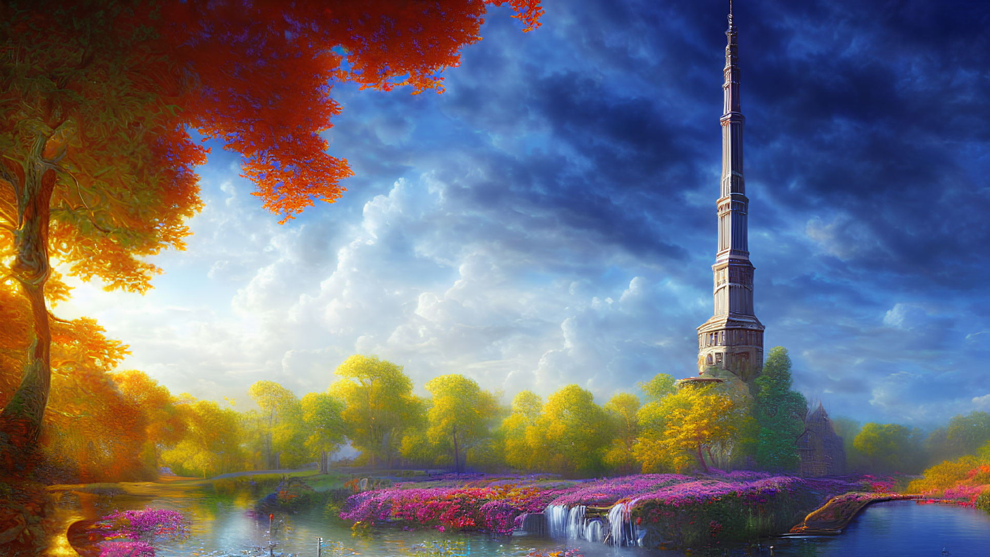 Vibrant autumnal landscape with tall spire, serene lake, waterfall, and colorful flora