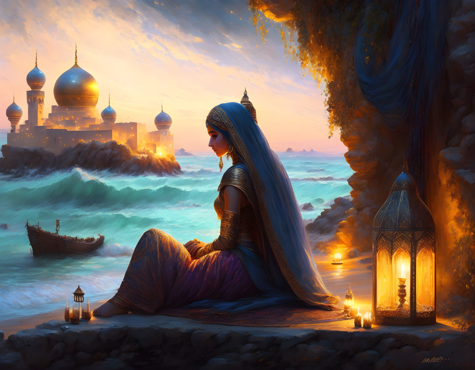 Traditional Attired Woman Gazing at Cityscape by Sea at Sunset